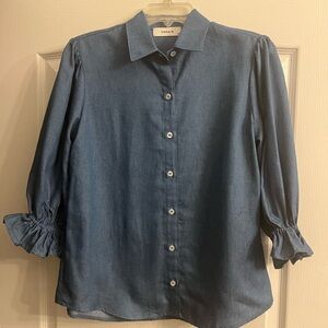 Yana K Blue Denim-Style Button Down Shirt with Ruffle Cuffs